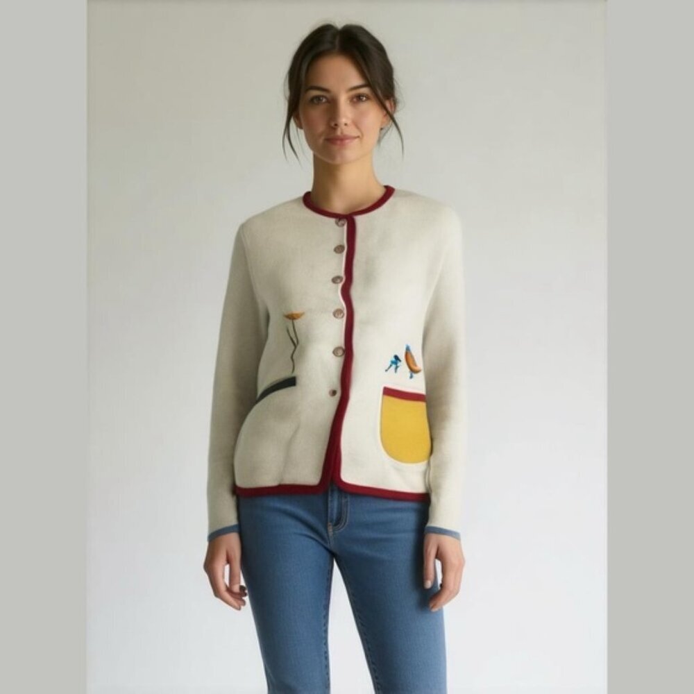 Vintage Gaddy Collection Wool Cardigan Jacket Sweater Size S Embroidered Birds